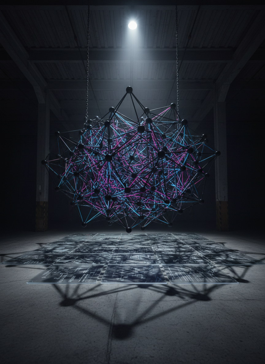 A complex neural network diagram rendered as a physical sculpture of interconnected matte-black metal rods and glowing fiber-optic strands, suspended in a dim industrial loft. The strands pulse with deep blues and violent magentas, creating a sense of restless computation. On the concrete floor below, translucent acrylic tiles show faint etched graphs and formulas, slightly out of focus. A single overhead spotlight casts sharp, technical shadows, emphasizing structure over comfort. Shot at eye level with a slight wide-angle lens, the composition uses leading lines pulling the viewer into the network’s depth. Photographic realism, stark and cerebral, suggests intense intellectual sparring around AI, neurodivergence, and systems thinking.