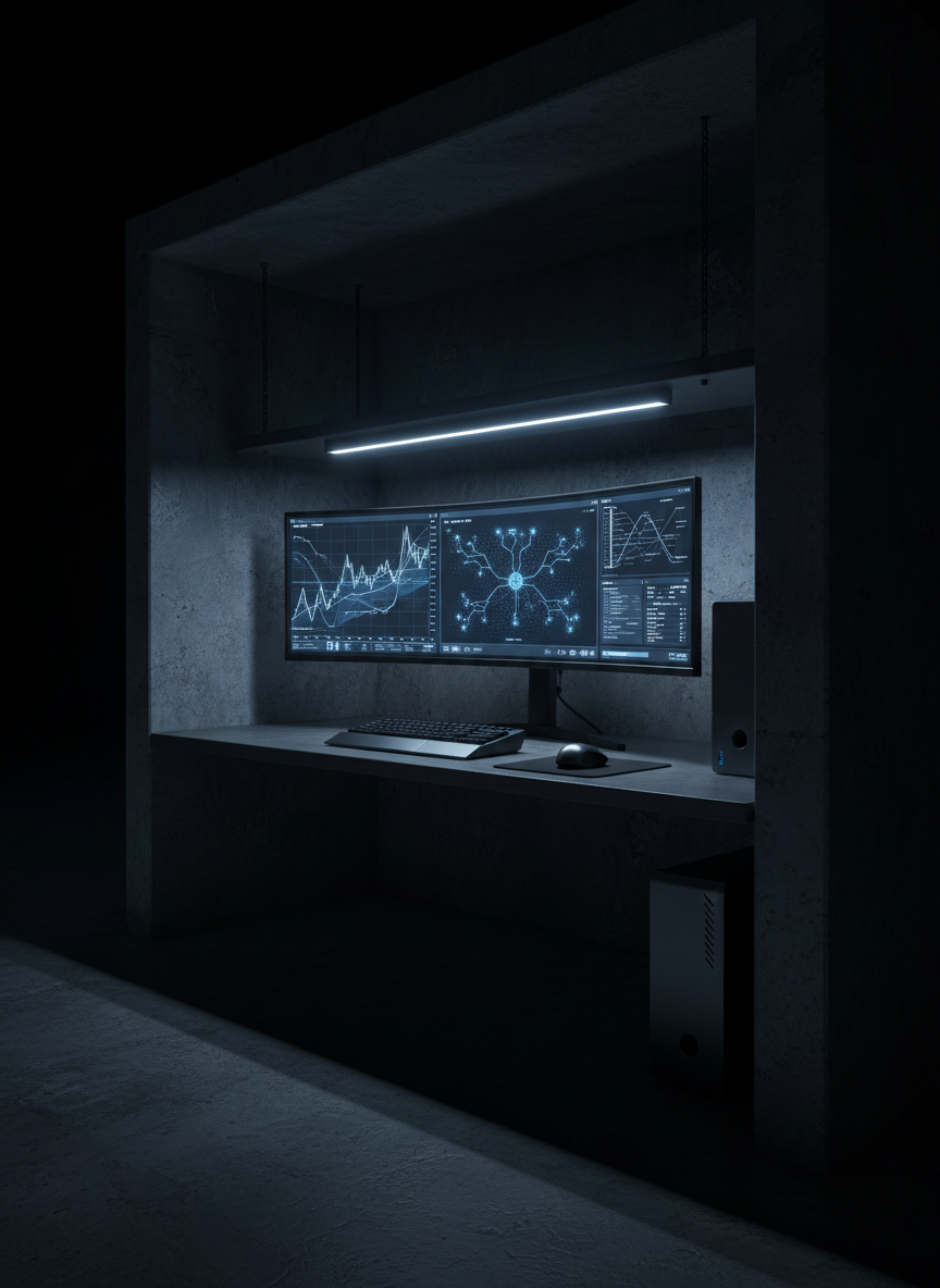 An austere workstation built into a dark, concrete alcove, featuring a single ultra-wide monitor displaying a dense, multi-window visualization of market dynamics, neural graphs, and system diagrams. The hardware is all brushed gunmetal and matte black, angular and utilitarian. Cold, bluish LED task lighting grazes the rough concrete walls, carving deep shadows and emphasizing texture. The scene is photographed from a three-quarter angle, with the desk in the lower third and the looming darkness above. The atmosphere is focused and unsentimental, more war room than office, evoking rigorous analysis of business economics and AI instead of productivity clichés.